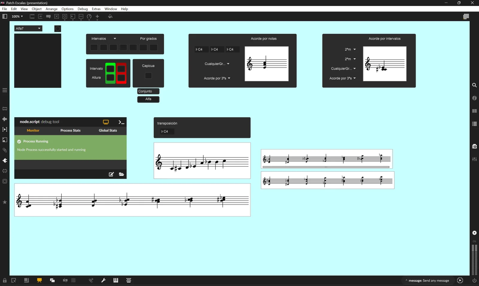 Captura de pantalla del patch de Escaladero en Max/MSP: selectores de escala, intervalos y acordes por grados, y pentagramas con la escala y sus acordes.
